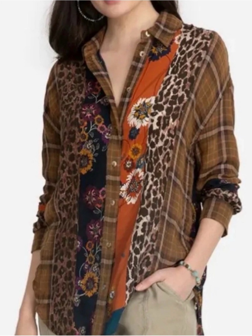Johnny Was Workshop Patchwork Plaid Floral Leopard Buttondown Tunic Top XS